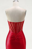 Rode satijnen bodycon Sweetheart doorschijnend korset Homecoming jurk