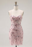 Blush Bodycon Halter Hals, Doorschijnende Corset Pailletten, Homecoming Jurk