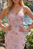 Blush Bodycon Halter Hals, Doorschijnende Corset Pailletten, Homecoming Jurk