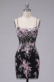 Zwarte roze bloem bodycon doorschijnende korset Homecoming-jurk
