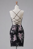 Zwarte roze bloem bodycon doorschijnende korset Homecoming-jurk