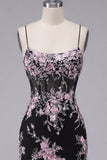 Zwarte roze bloem bodycon doorschijnende korset Homecoming-jurk