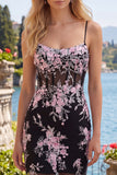 Zwarte roze bloem bodycon doorschijnende korset Homecoming-jurk