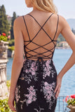 Zwarte roze bloem bodycon doorschijnende korset Homecoming-jurk