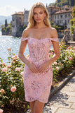 Off-the-shoulder blush bodycon doorschijnend korset pailletten homecoming jurk