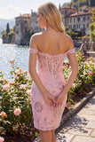 Off-the-shoulder blush bodycon doorschijnend korset pailletten homecoming jurk