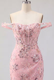 Off-the-shoulder blush bodycon doorschijnend korset pailletten homecoming jurk