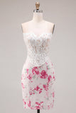 Witte Fuchsia Bloem Sweetheart Bodycon Transparante Korset Homecoming Jurk