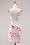 Witte Fuchsia Bloem Sweetheart Bodycon Transparante Korset Homecoming Jurk