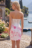 Witte Fuchsia Bloem Sweetheart Bodycon Transparante Korset Homecoming Jurk