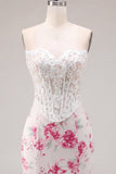 Witte Fuchsia Bloem Sweetheart Bodycon Transparante Korset Homecoming Jurk