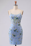 Blauwe bodycon geborduurde, bloemendoorschijnende korset Homecoming jurk
