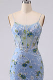 Blauwe bodycon geborduurde, bloemendoorschijnende korset Homecoming jurk
