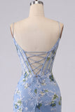 Blauwe bodycon geborduurde, bloemendoorschijnende korset Homecoming jurk