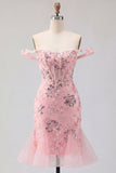 Blush off the shoulder bodycon bloemen doorschijnende korset pailletten Homecoming jurk met ruches