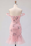 Blush off the shoulder bodycon bloemen doorschijnende korset pailletten Homecoming jurk met ruches