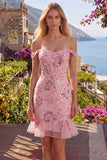 Blush off the shoulder bodycon bloemen doorschijnende korset pailletten Homecoming jurk met ruches