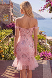 Blush off the shoulder bodycon bloemen doorschijnende korset pailletten Homecoming jurk met ruches