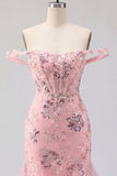 Blush off the shoulder bodycon bloemen doorschijnende korset pailletten Homecoming jurk met ruches