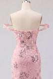 Blush off the shoulder bodycon bloemen doorschijnende korset pailletten Homecoming jurk met ruches