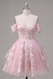 Off-the-shoulder roze A-lijn doorschijnende korset bloemen homecoming jurk