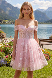 Off-the-shoulder roze A-lijn doorschijnende korset bloemen homecoming jurk