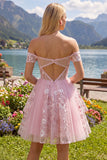 Off-the-shoulder roze A-lijn doorschijnende korset bloemen homecoming jurk