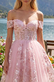 Off-the-shoulder roze A-lijn doorschijnende korset bloemen homecoming jurk