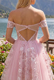 Off-the-shoulder roze A-lijn doorschijnende korset bloemen homecoming jurk