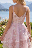 A-Line roze korset Spaghetti bandjes Bloemen Homecoming Jurk