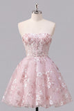 Strapless A-lijn roze korset bloemen homecomingjurk