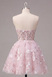 Strapless A-lijn roze korset bloemen homecomingjurk