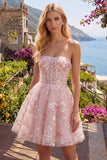 Strapless A-lijn roze korset bloemen homecomingjurk