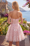 Strapless A-lijn roze korset bloemen homecomingjurk