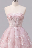 Strapless A-lijn roze korset bloemen homecomingjurk