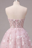 Strapless A-lijn roze korset bloemen homecomingjurk