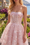 Strapless A-lijn roze korset bloemen homecomingjurk