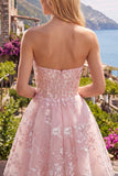 Strapless A-lijn roze korset bloemen homecomingjurk