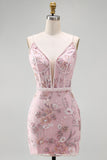 Roze korset Bodycon Spaghetti Straps Bloemen Homecoming Jurk