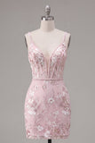 Roze korset Bodycon Spaghetti Straps Bloemen Homecoming Jurk
