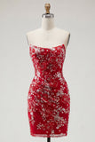 Glinsterende rood, strak kort, met gerimpeld bloemen strapless homecoming jurk