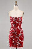 Glinsterende rood, strak kort, met gerimpeld bloemen strapless homecoming jurk