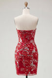 Glinsterende rood, strak kort, met gerimpeld bloemen strapless homecoming jurk