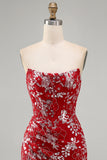 Glinsterende rood, strak kort, met gerimpeld bloemen strapless homecoming jurk