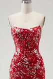 Glinsterende rood, strak kort, met gerimpeld bloemen strapless homecoming jurk