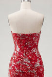 Glinsterende rood, strak kort, met gerimpeld bloemen strapless homecoming jurk