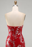 Glinsterende rood, strak kort, met gerimpeld bloemen strapless homecoming jurk