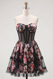 Zwarte roze bloem A-lijn strapless korset korte homecomingjurk