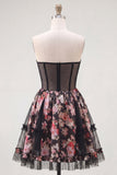 Zwarte roze bloem A-lijn strapless korset korte homecomingjurk