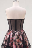 Zwarte roze bloem A-lijn strapless korset korte homecomingjurk